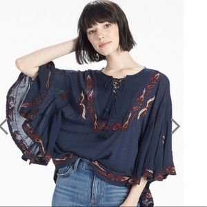 Lucky brand lace up embroidered peasant top.